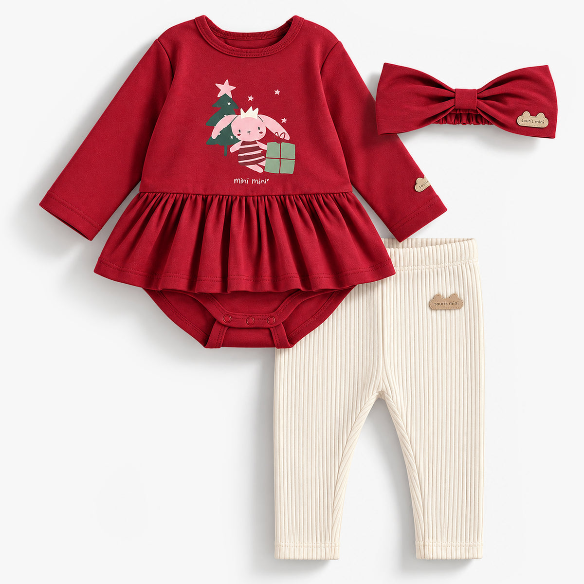 Red and cream three-piece holiday print set, newborn
