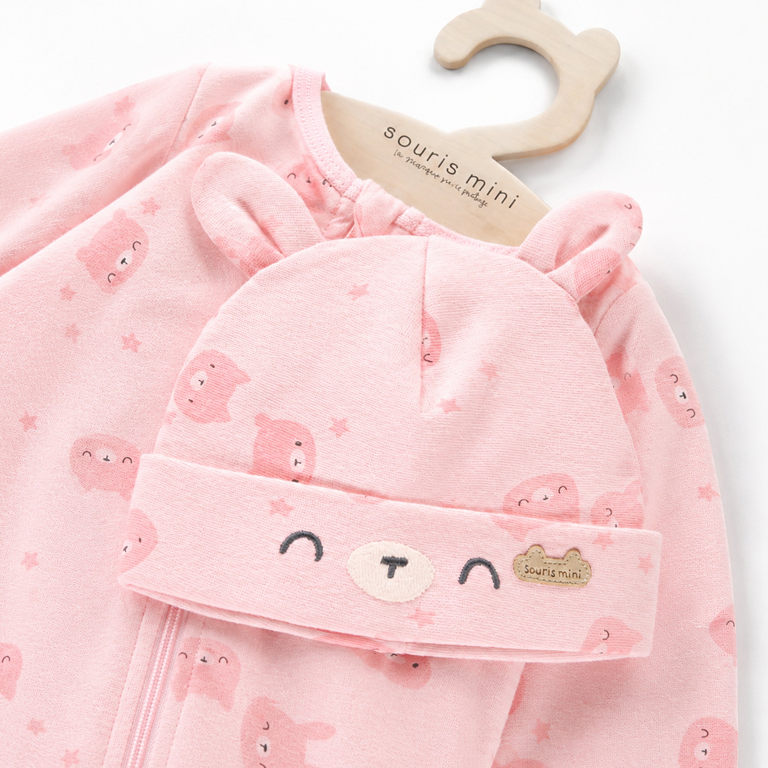 Pink bunny print footed sleeper with hat, newborn