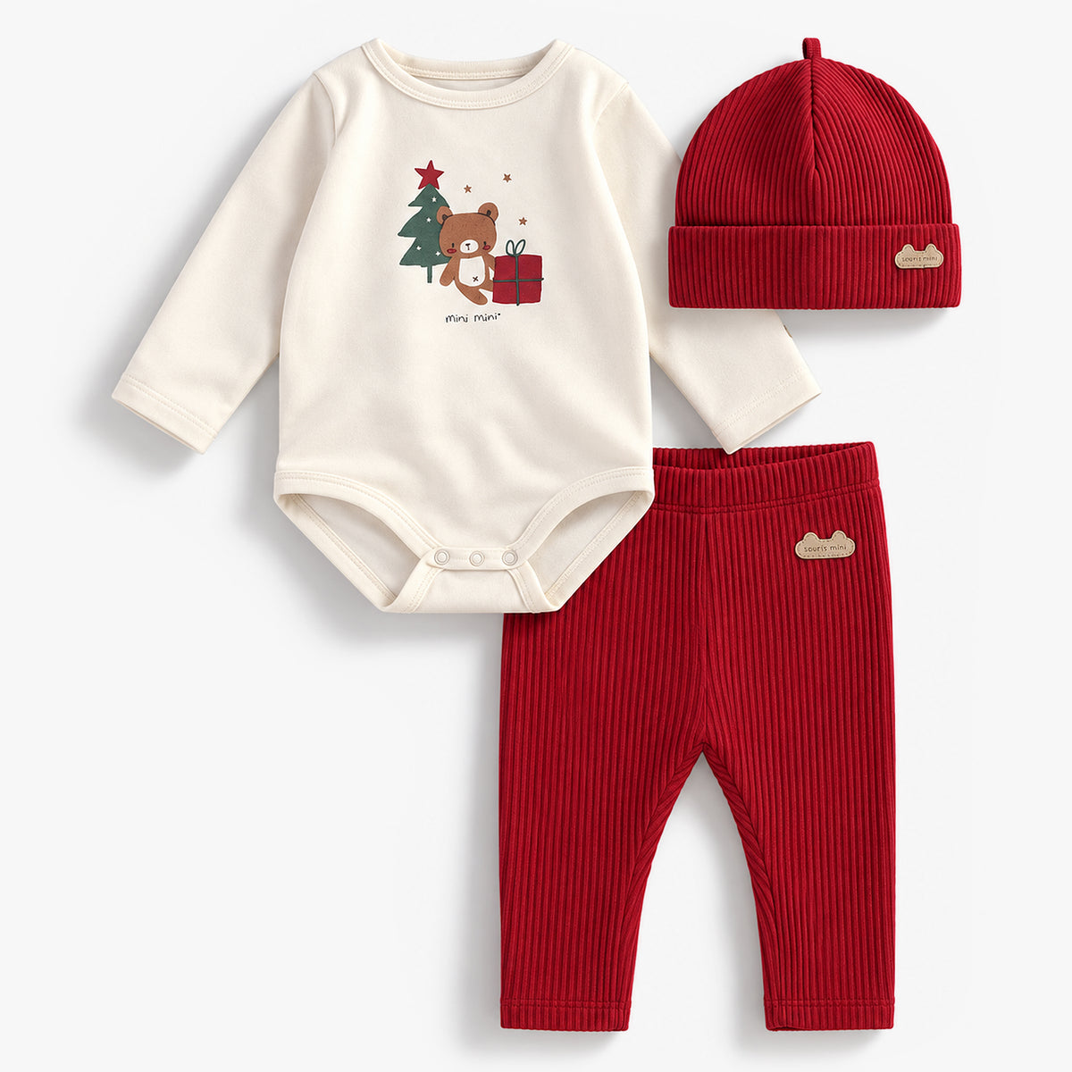 Cream and red three-piece holiday print set, newborn