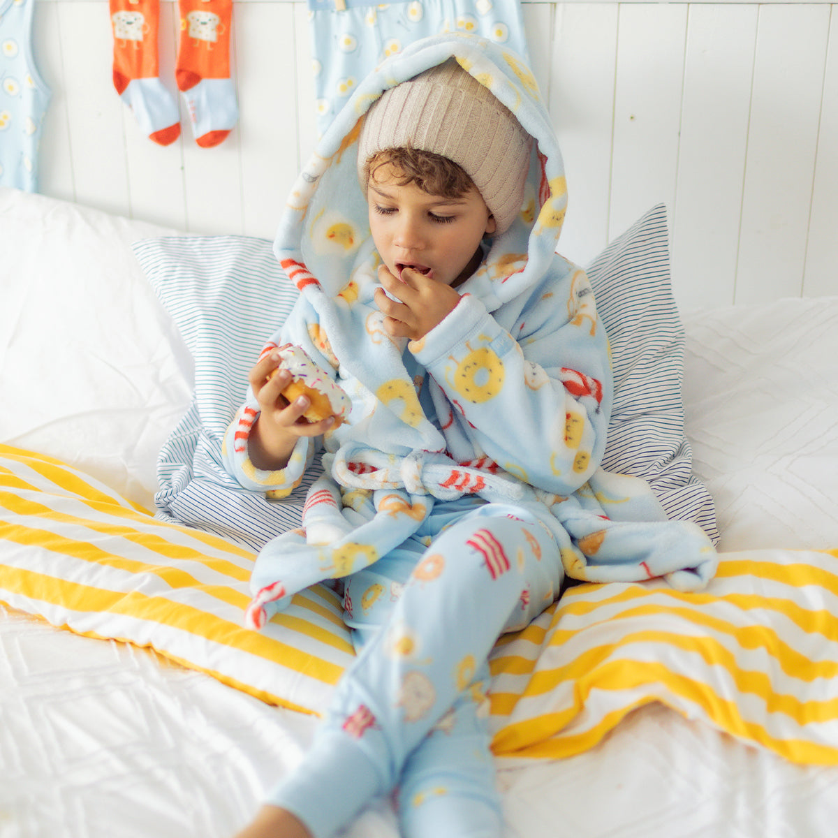 Blue plush robe with breakfast all over print, child