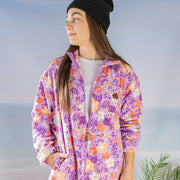 Veste de polar mauve fleurie avec col montant, adulte || Floral purple polar fleece vest with high collar, adult