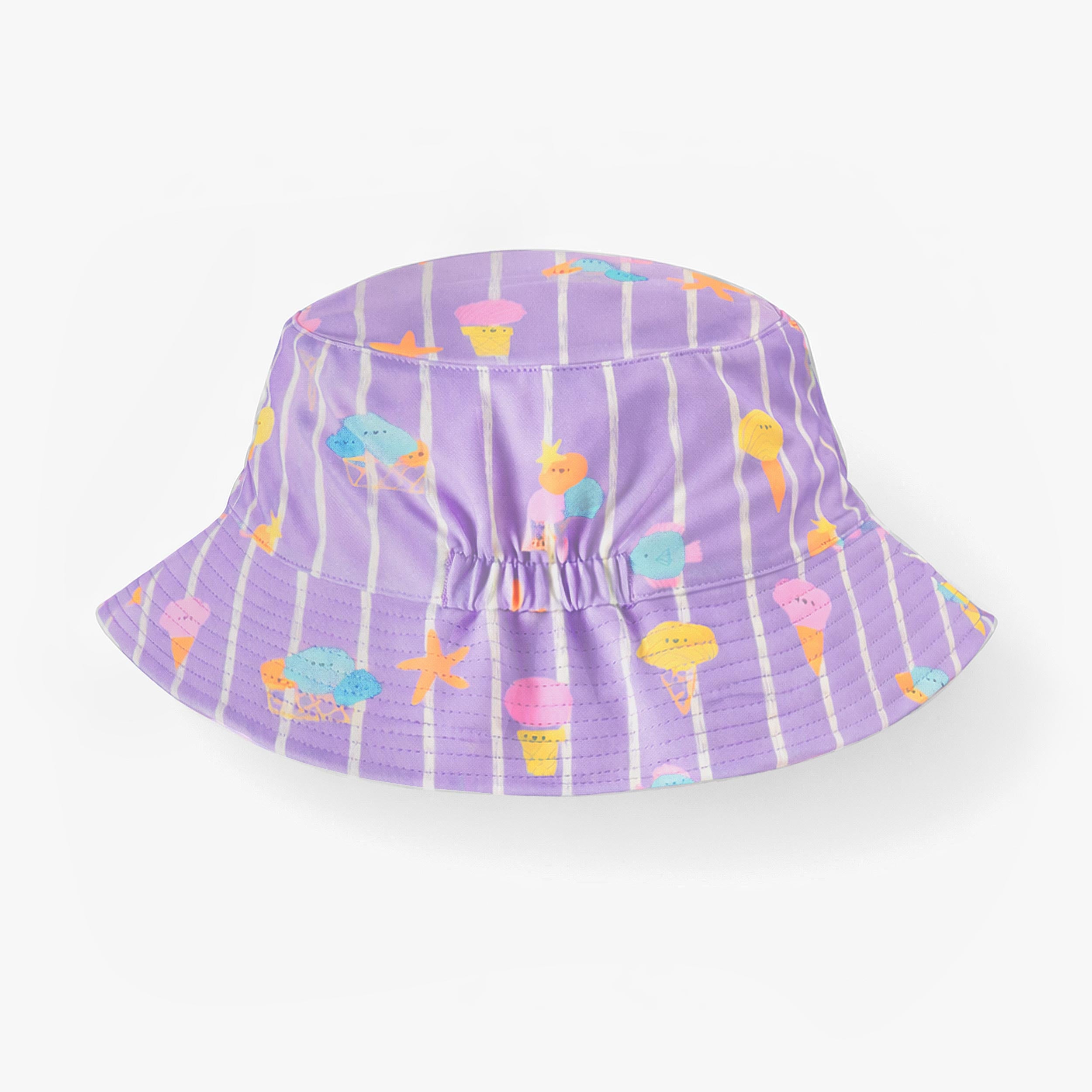 Chapeau de soleil réversible mauve avec rayures et motifs, enfant