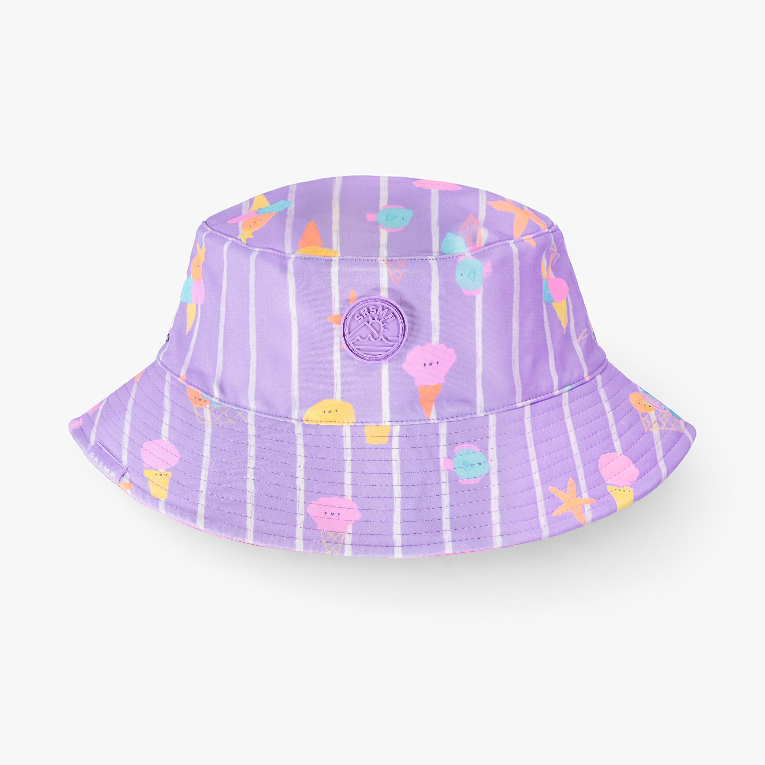 Reversible purple sun hat with stripes and patterns, child