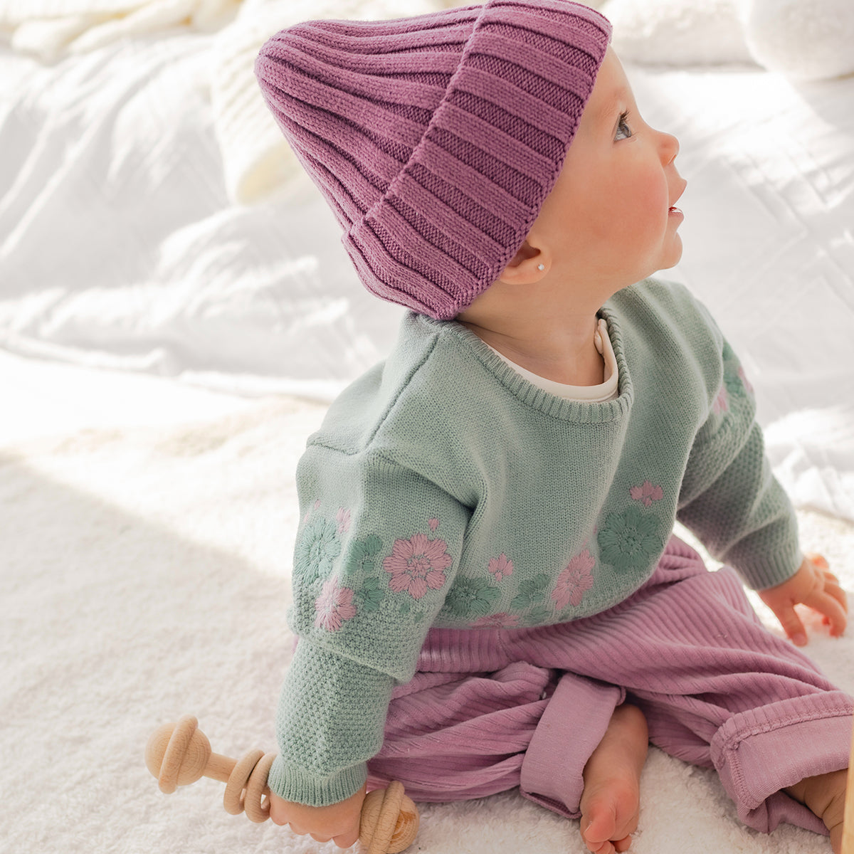 Sage Green Knit Sweater with Floral Embroidery, Newborn