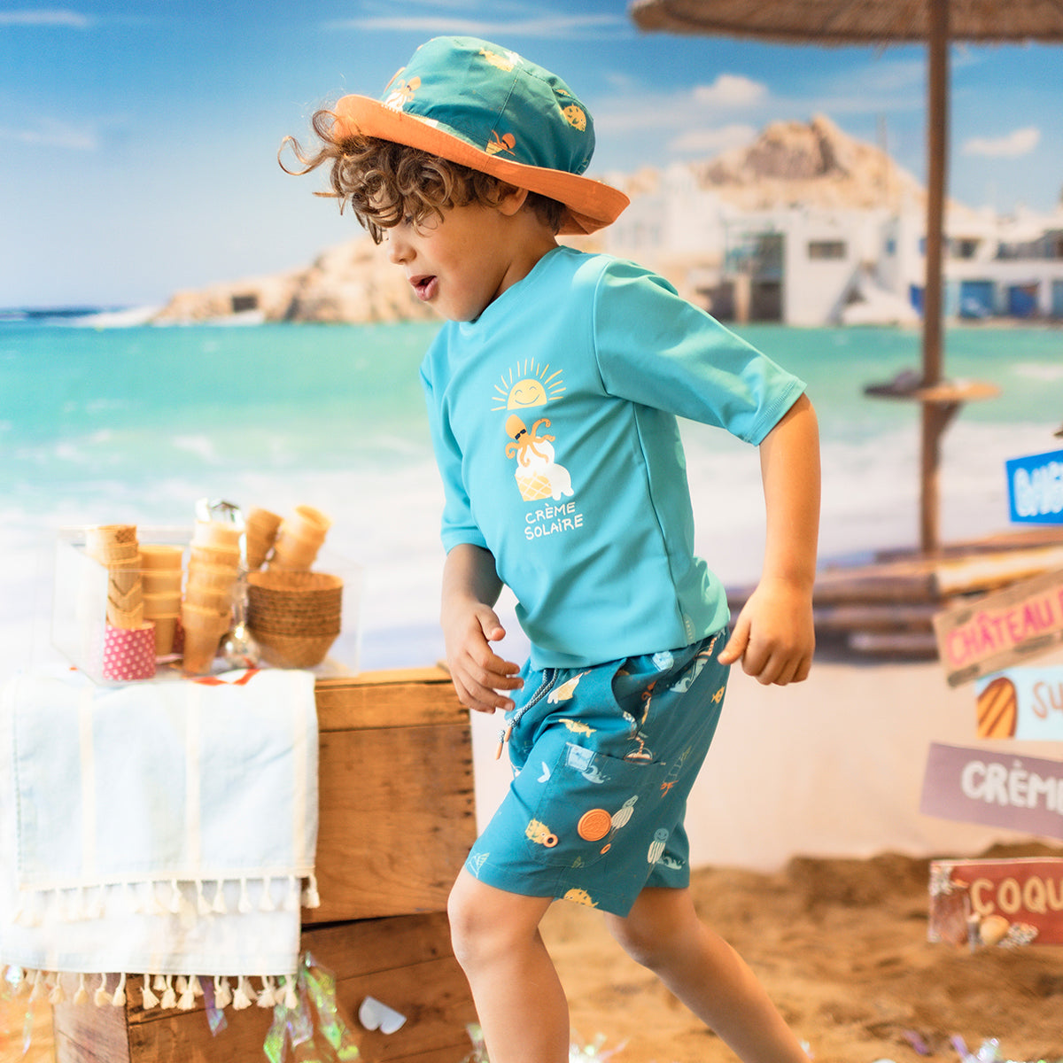 T-shirt de bain bleu sarcelle avec illustration, enfant