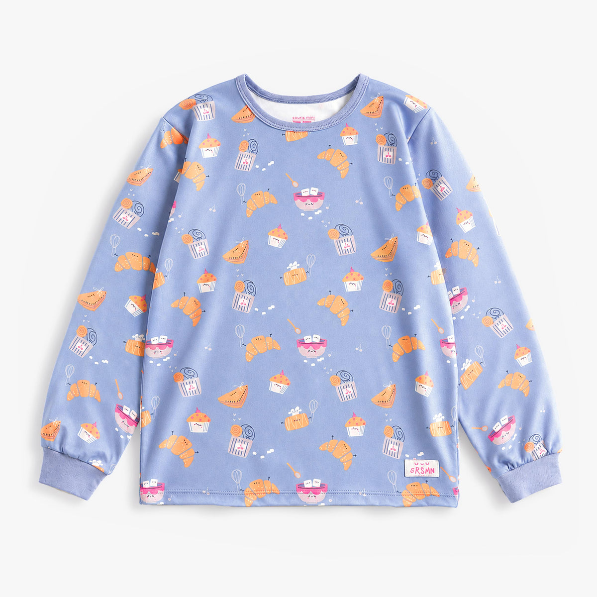 Blue two-piece pajama set with croissant print, child