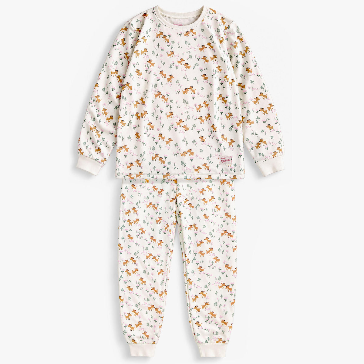 Two-piece cream pajama set with fawn and foliage print, child