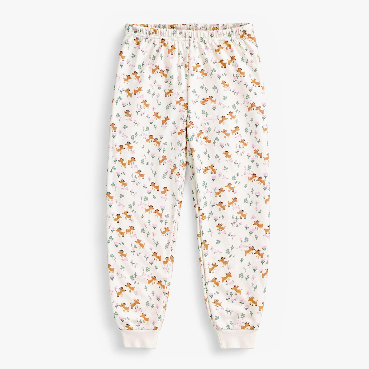 Two-piece cream pajama set with fawn and foliage print, child