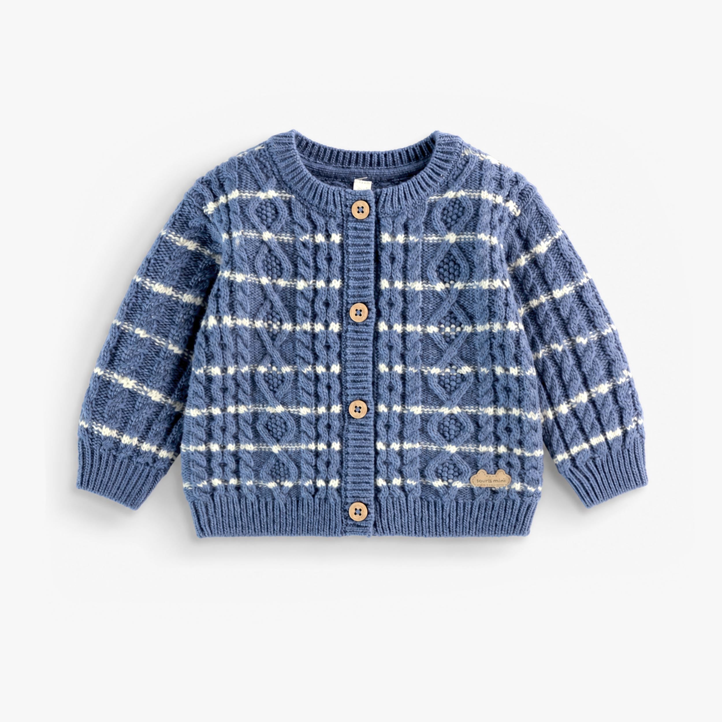 Veste de maille bleu à rayures, naissance