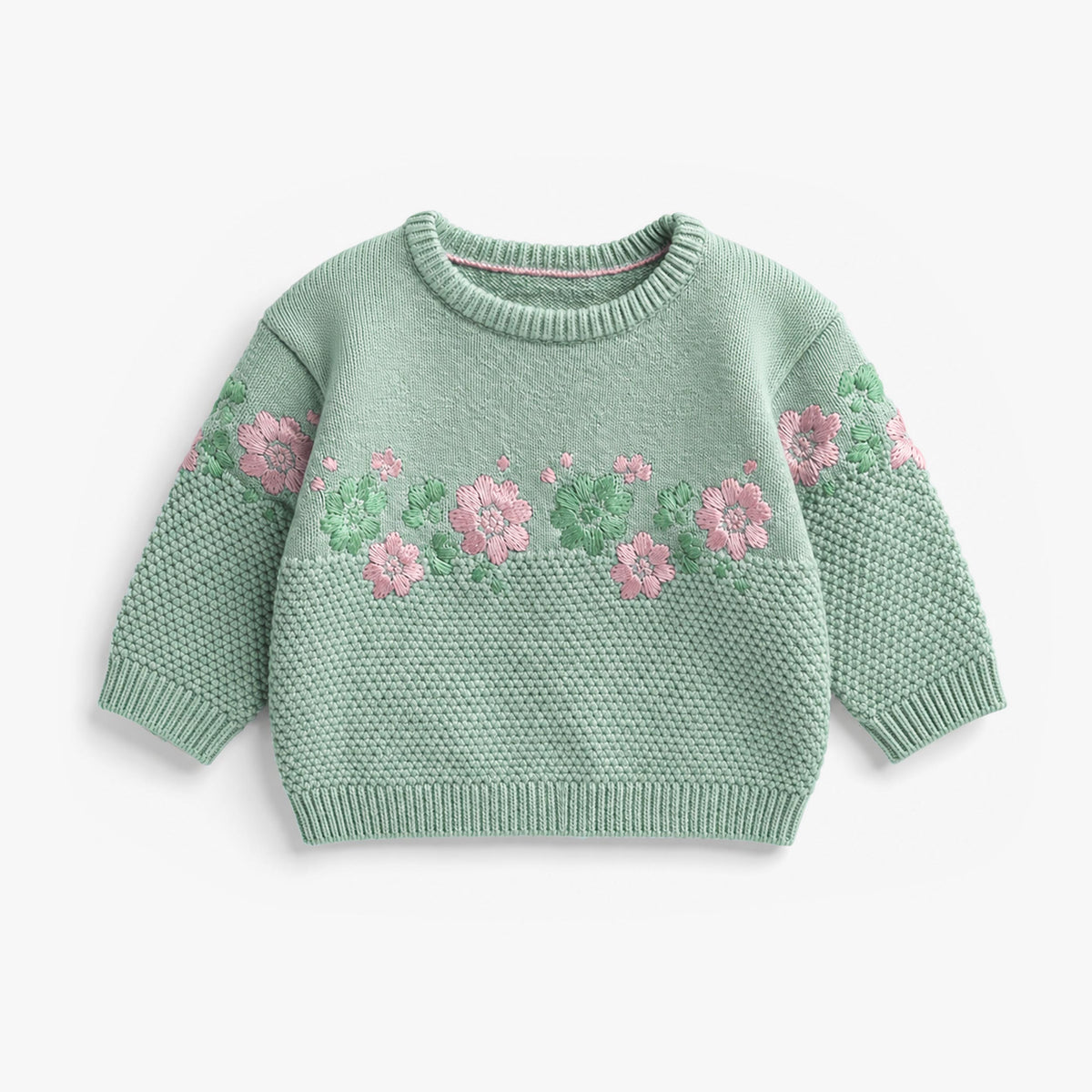 Chandail vert sauge à broderie floral en tricot, naissance