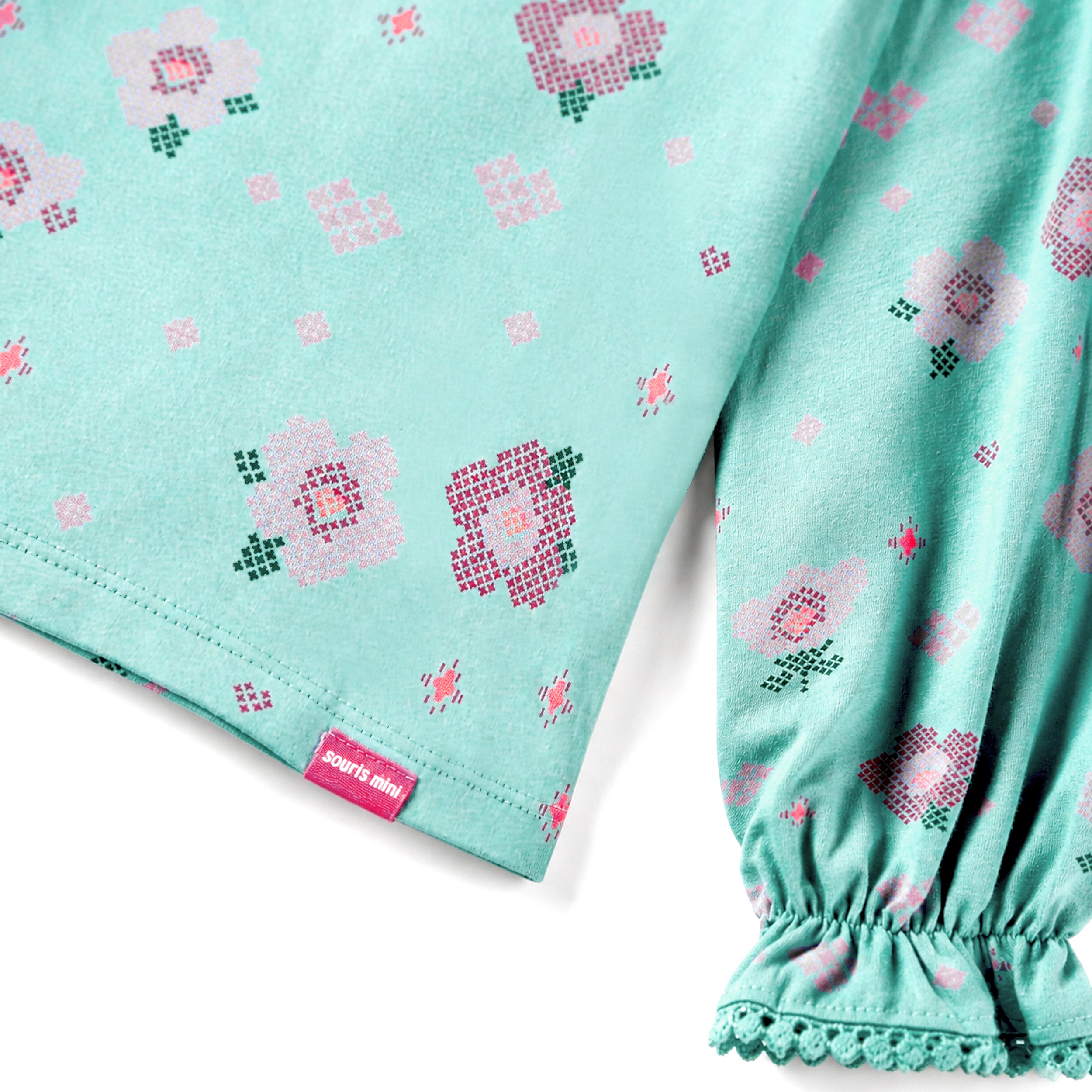 Turquoise floral print stretch jersey t-shirt, child
