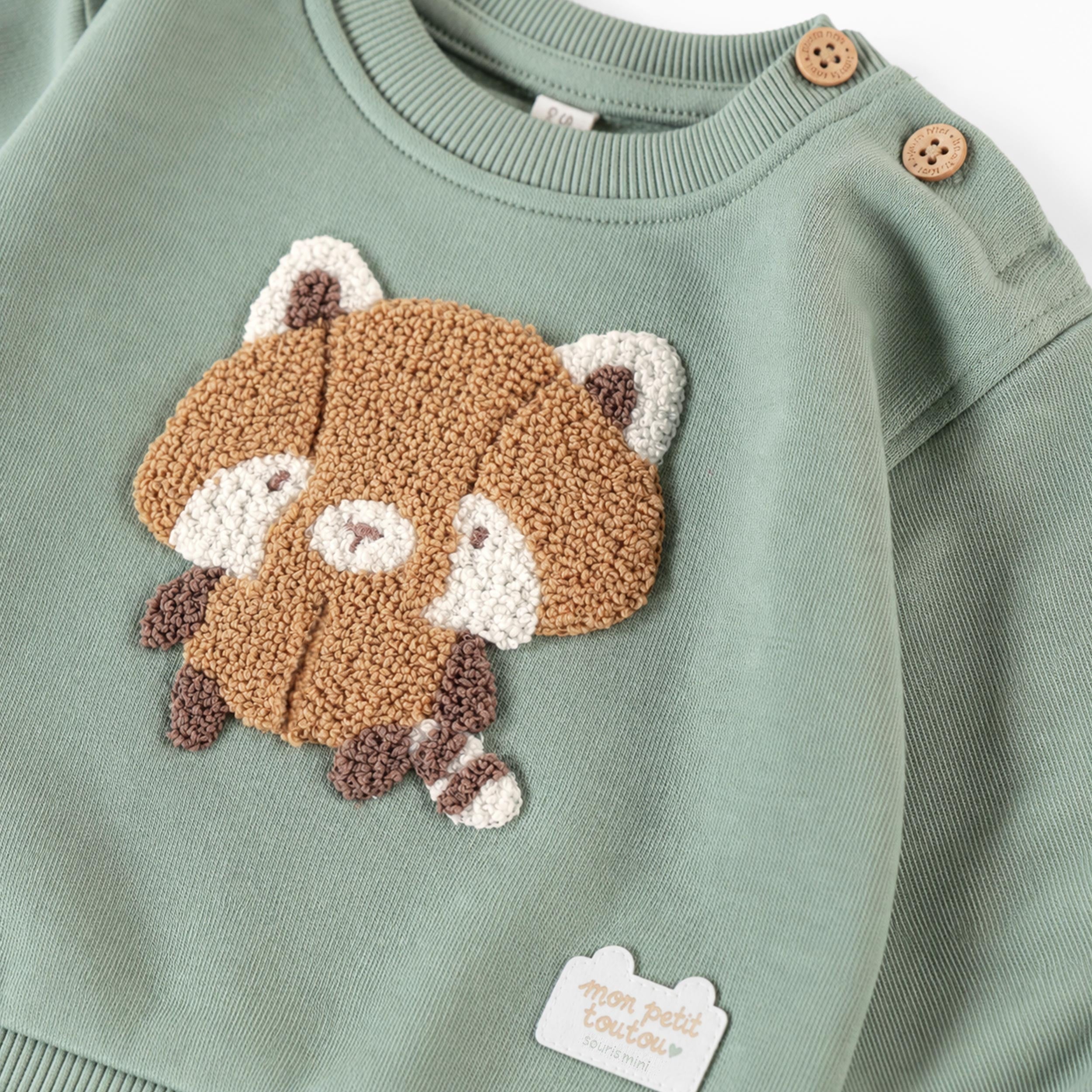 Green sweatshirt with raccoon illustration, baby