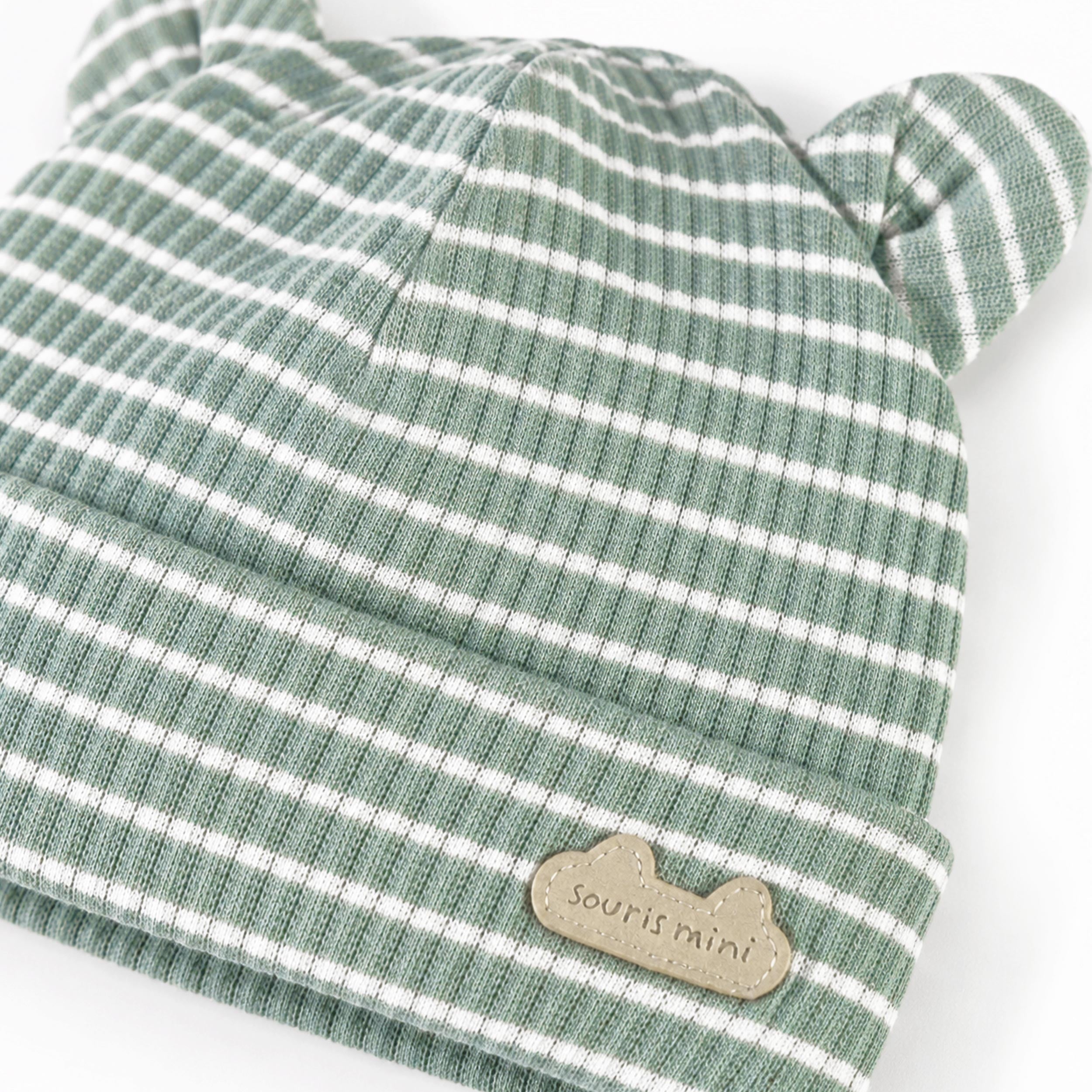 Sage green striped hat with bear ears, baby