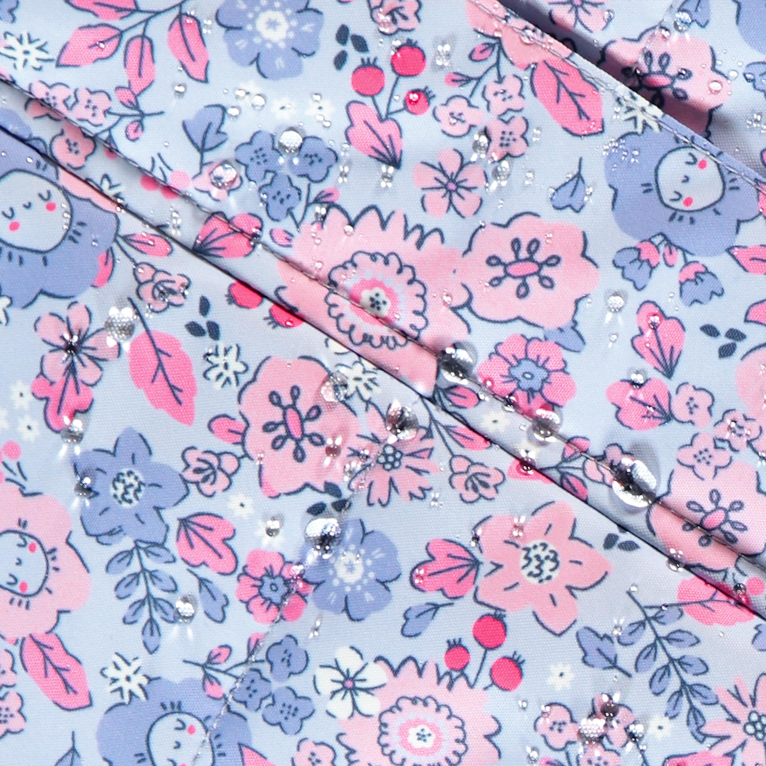 Zoom du tissu déperlant du Manteau de neige de l'habit de neige deux pièces bleu à imprimé floral, bébé
