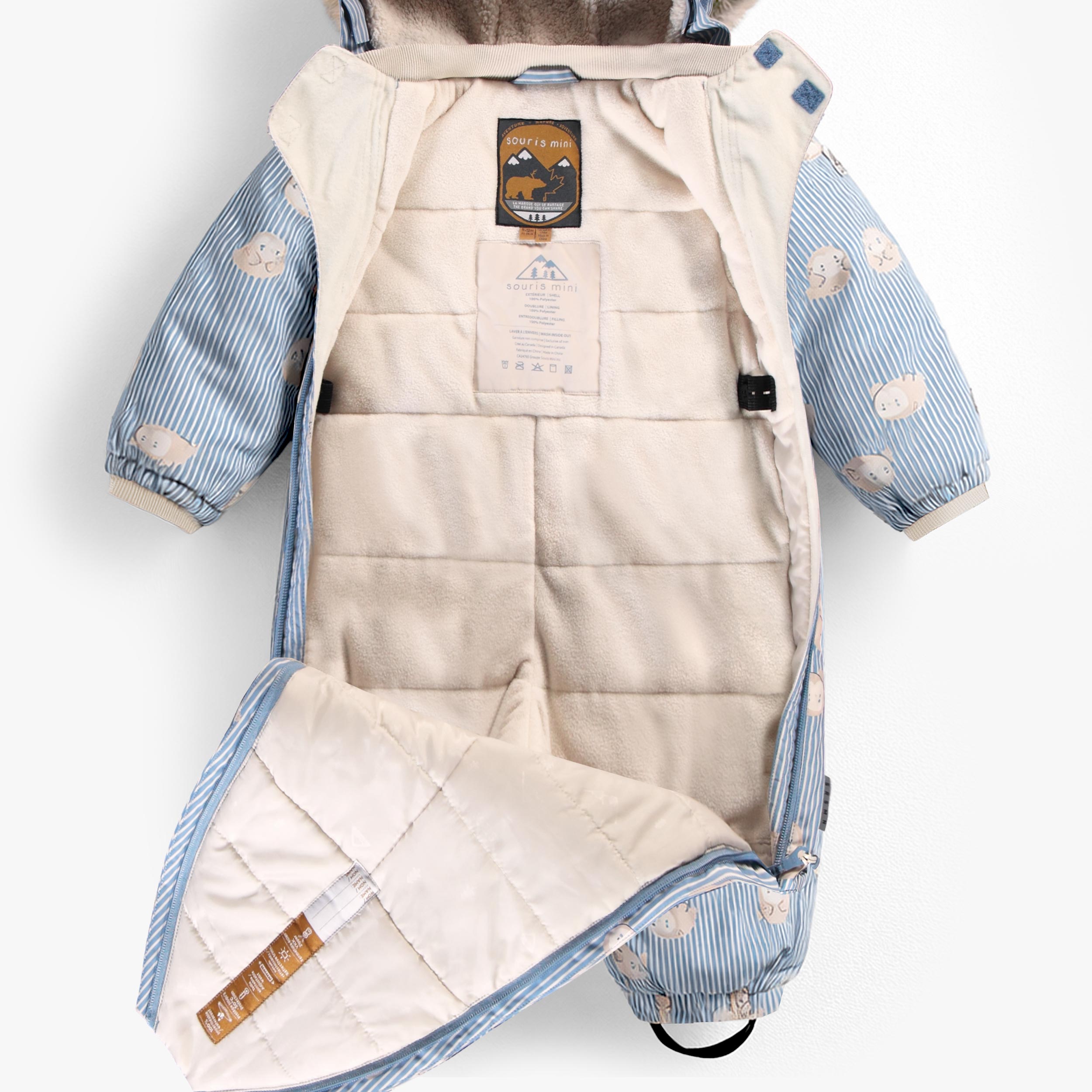 Habit de neige une pièce bleu à rayures avec imprimé, bébé