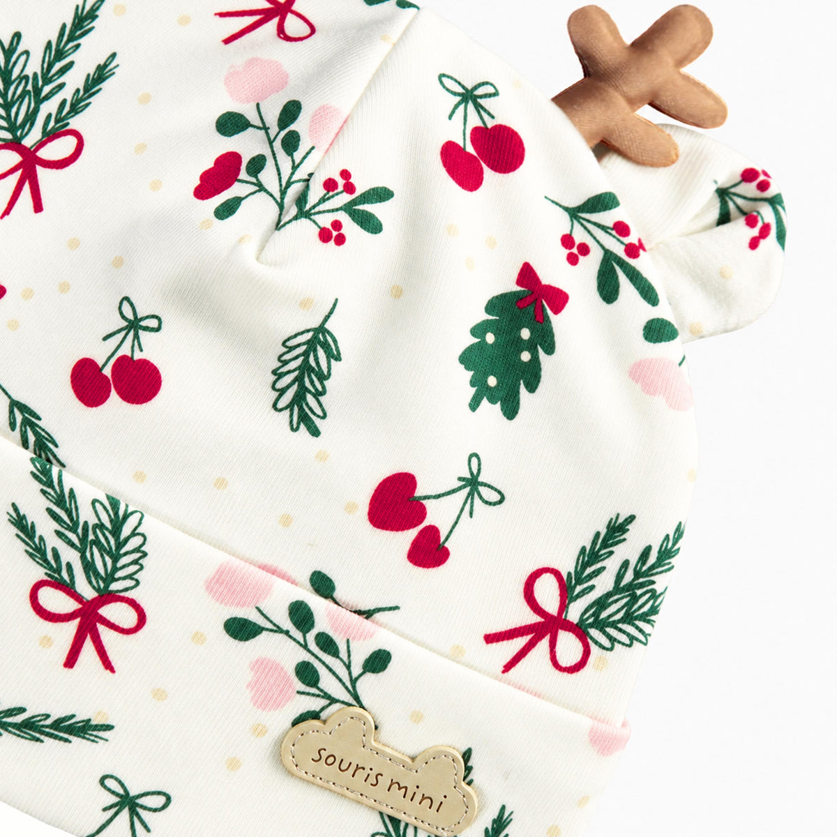Bonnet crème à imprimé floral et oreilles de renne, naissance