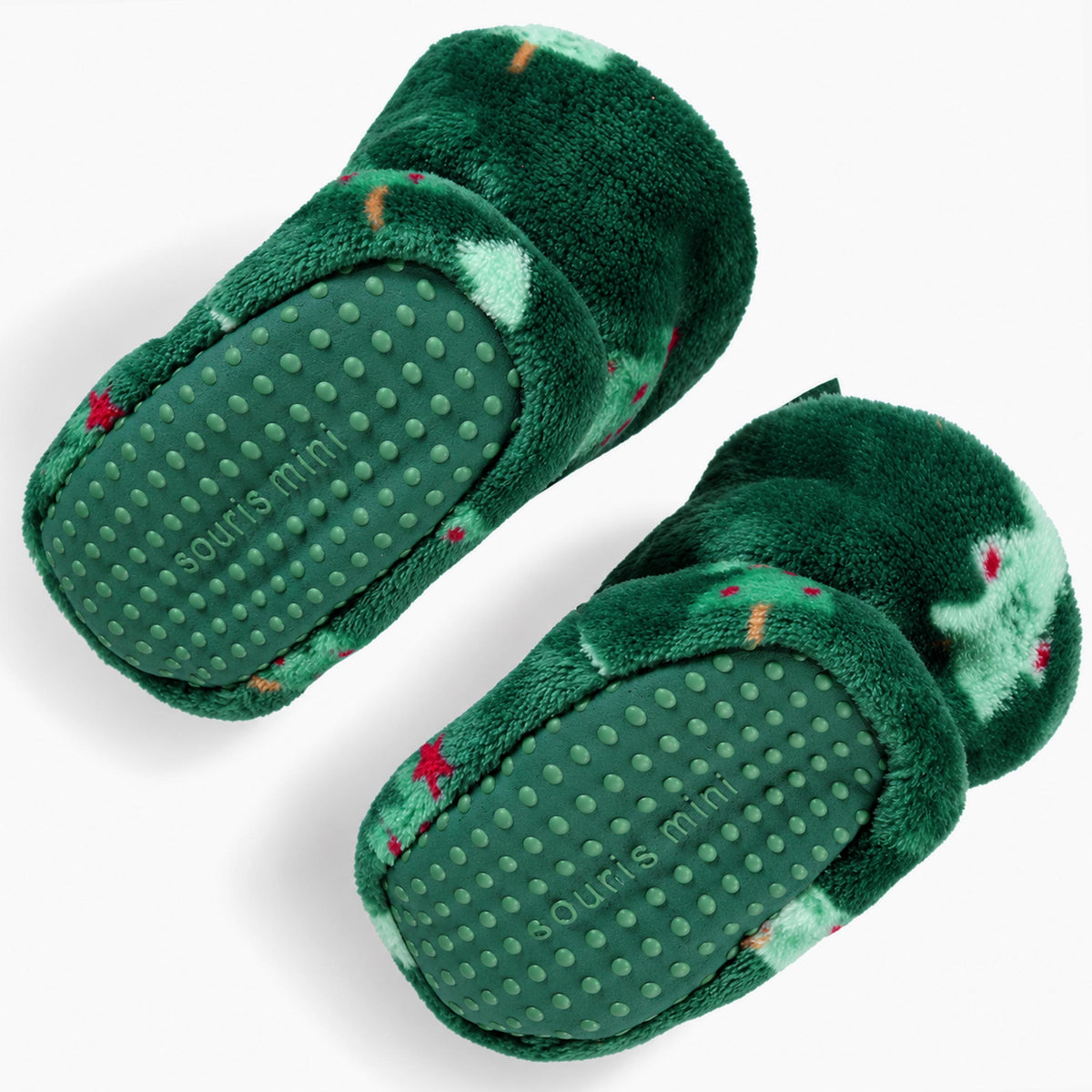 Pantoufles vert forêt en peluche à motifs de sapins, bébé
