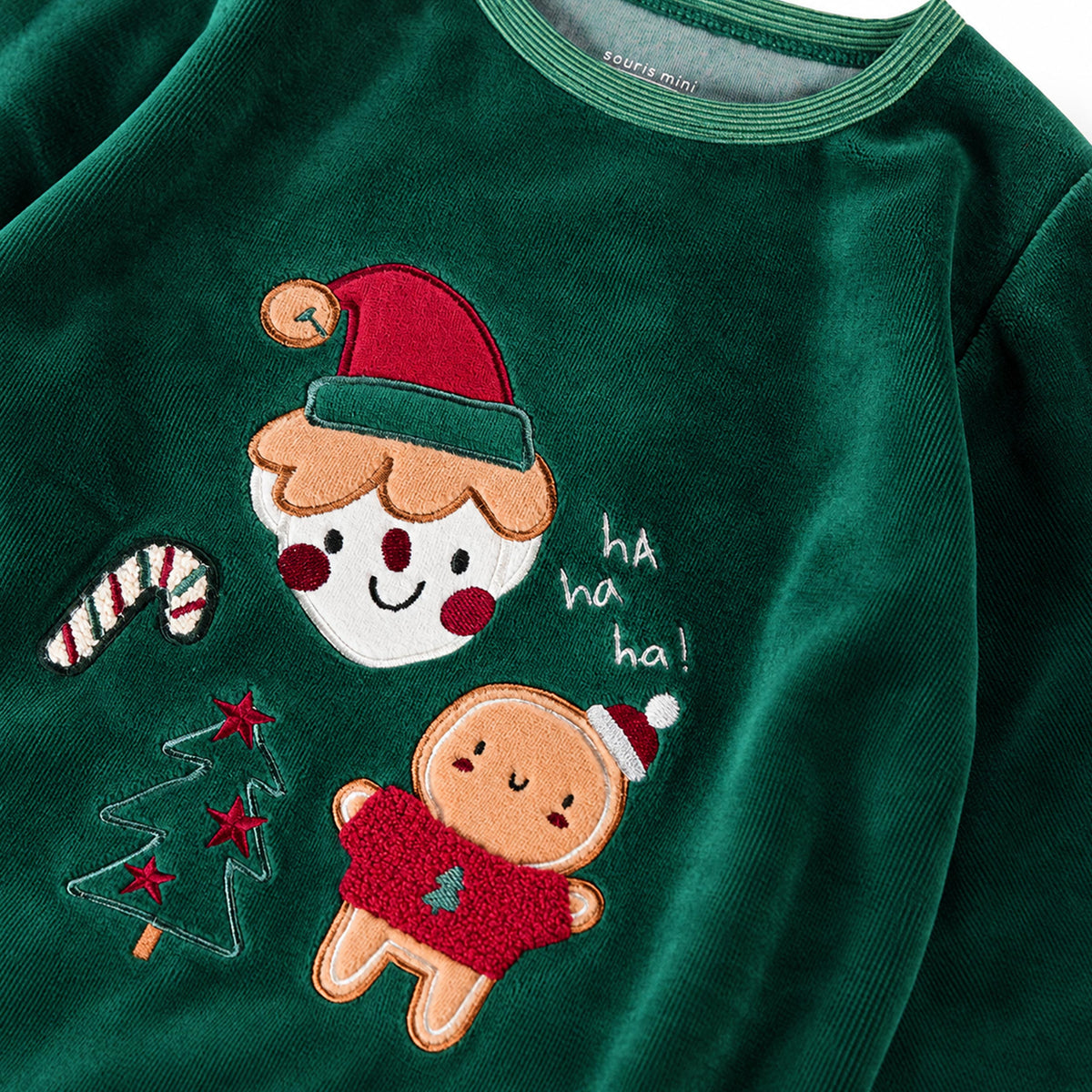 Forest green two-piece holiday velvet pajama set, child
