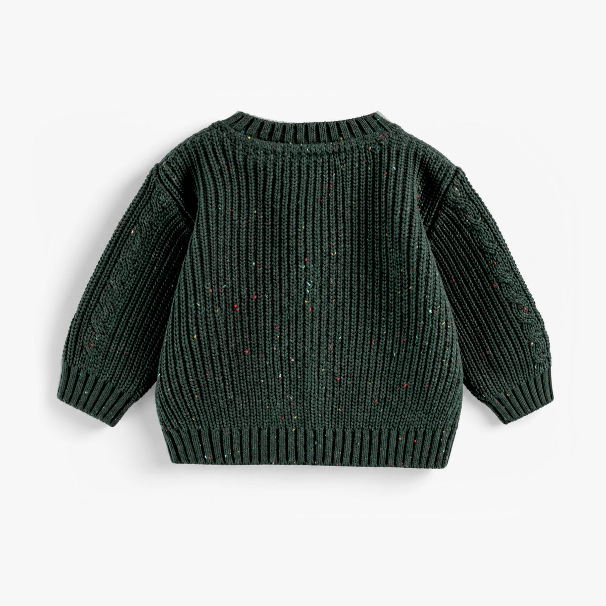 Cardigan vert forêt en tricot moucheté avec sapins, naissance