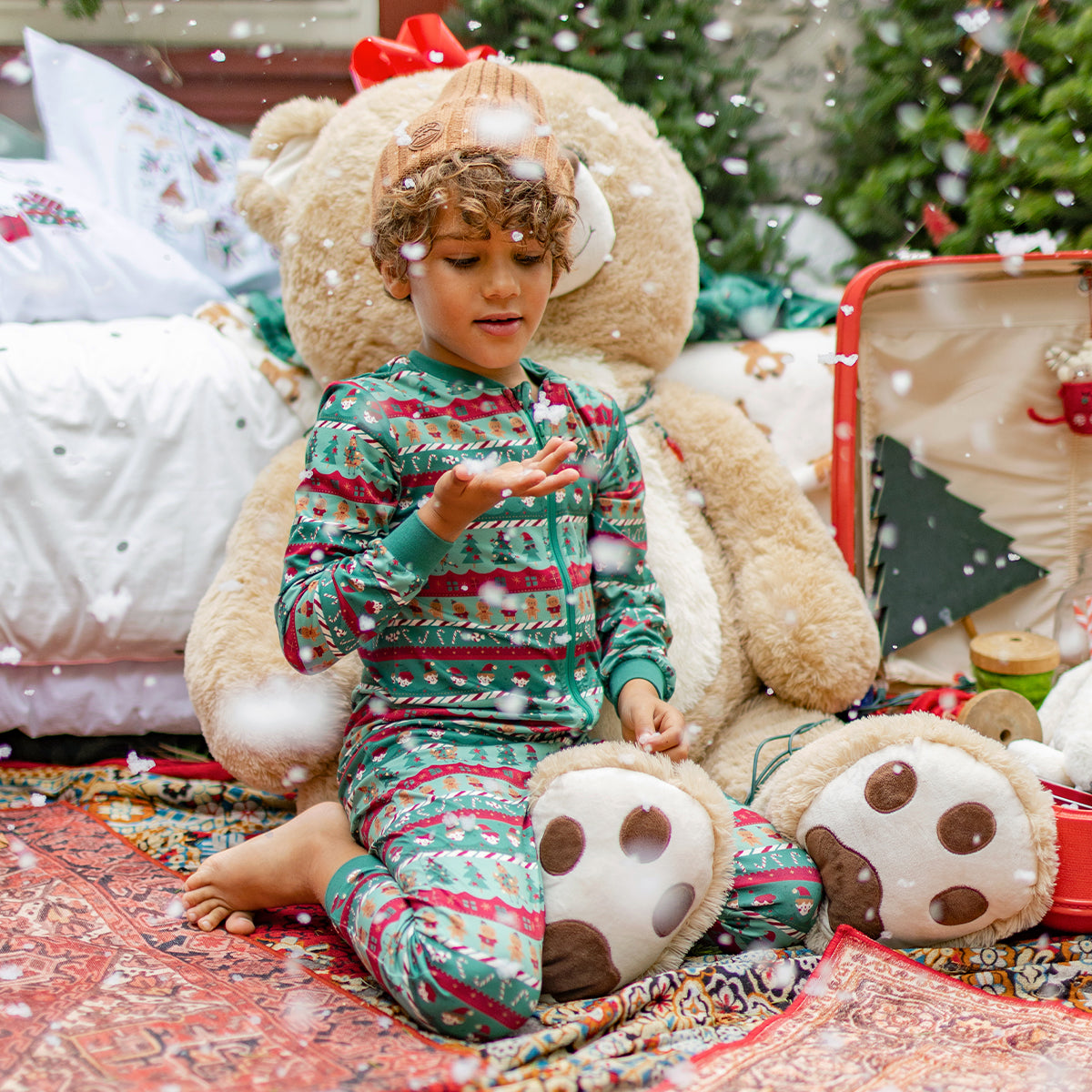 Forest green one-piece holiday print pajama, child