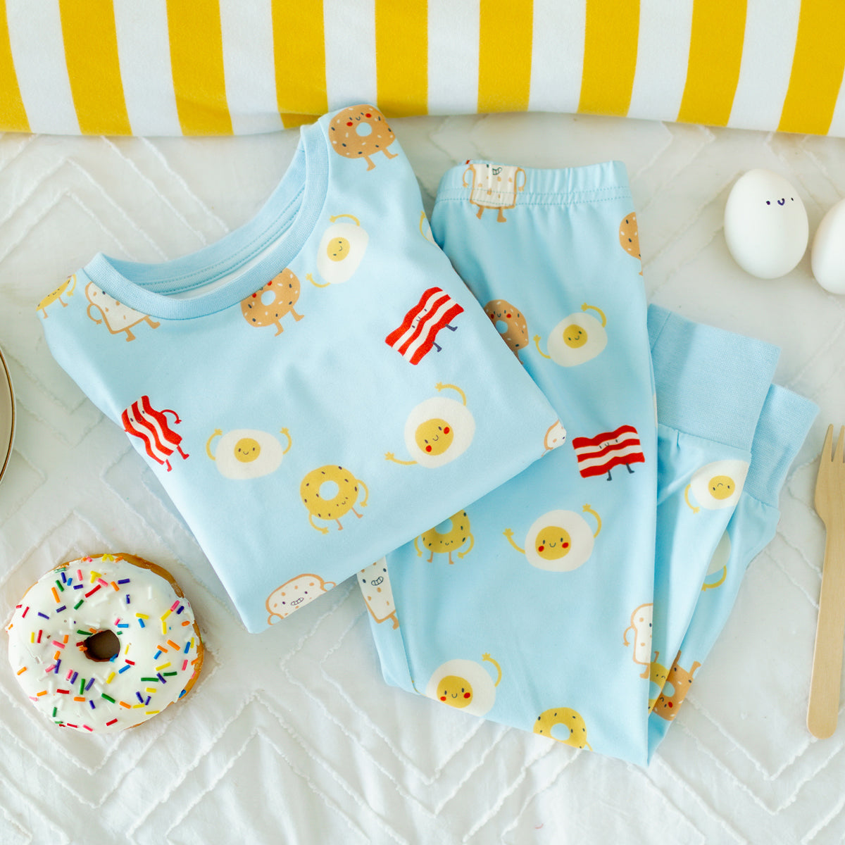 Blue two-piece pajamas with breakfast all over print, baby