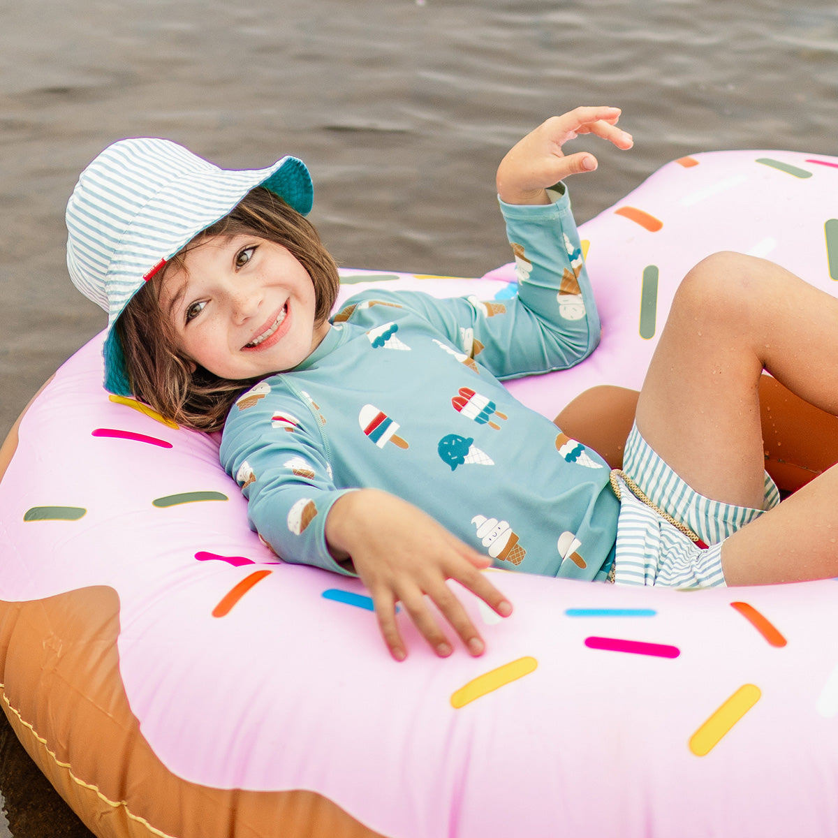 Blue long sleeves swim t-shirt with icy treat print, child