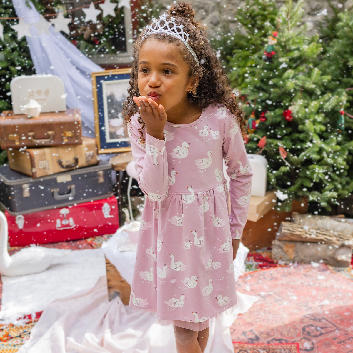 Robe rose à motifs de cygnes, enfant