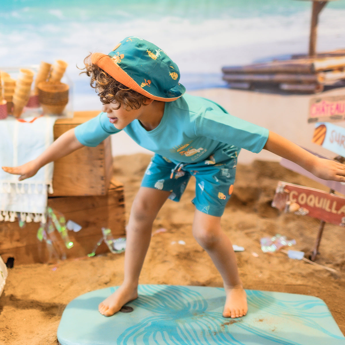 Chapeau de soleil réversible bleu sarcelle à motifs, enfant