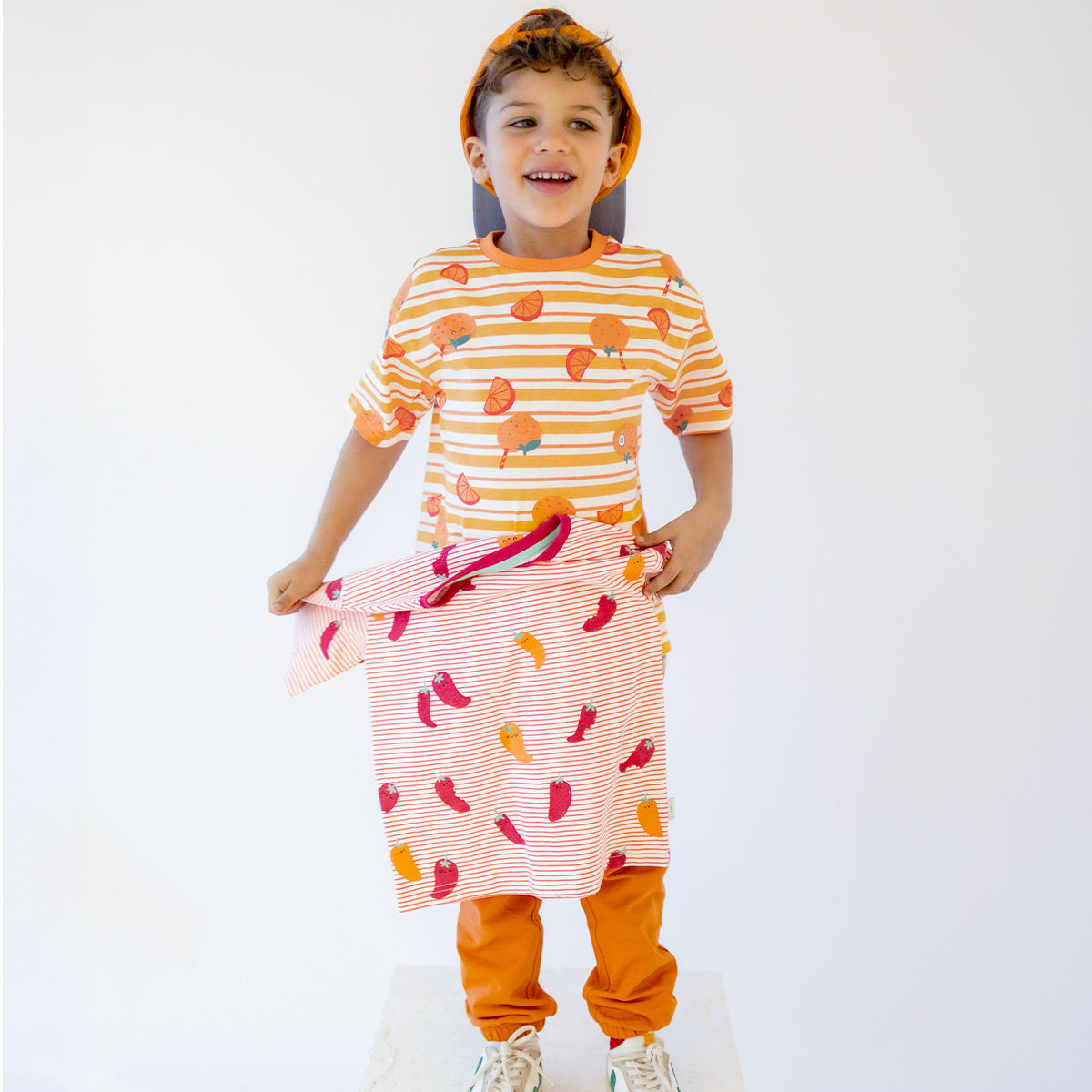 T-shirt crème à rayures et motifs d’oranges, enfant