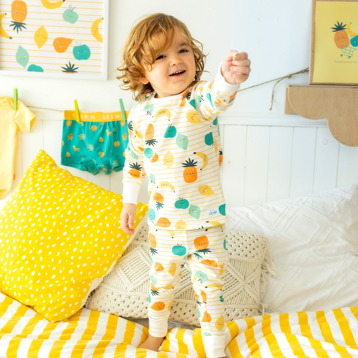 Two-piece cream pajamas with stripes and fruit patterns, baby