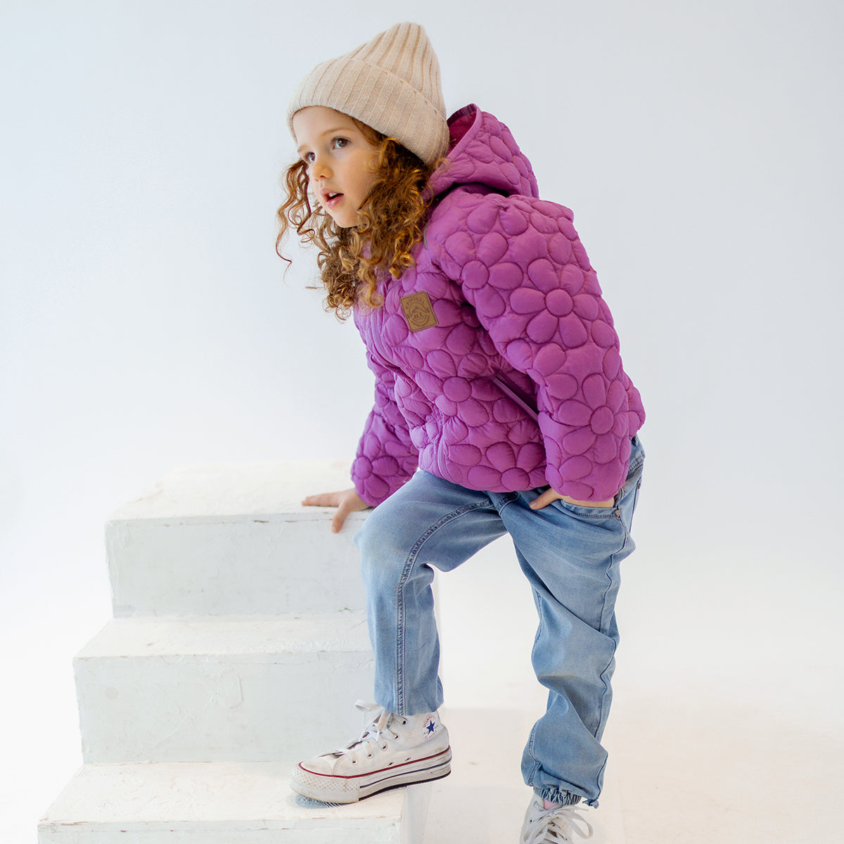 Manteau doudoune mauve avec matelassé floral, enfant