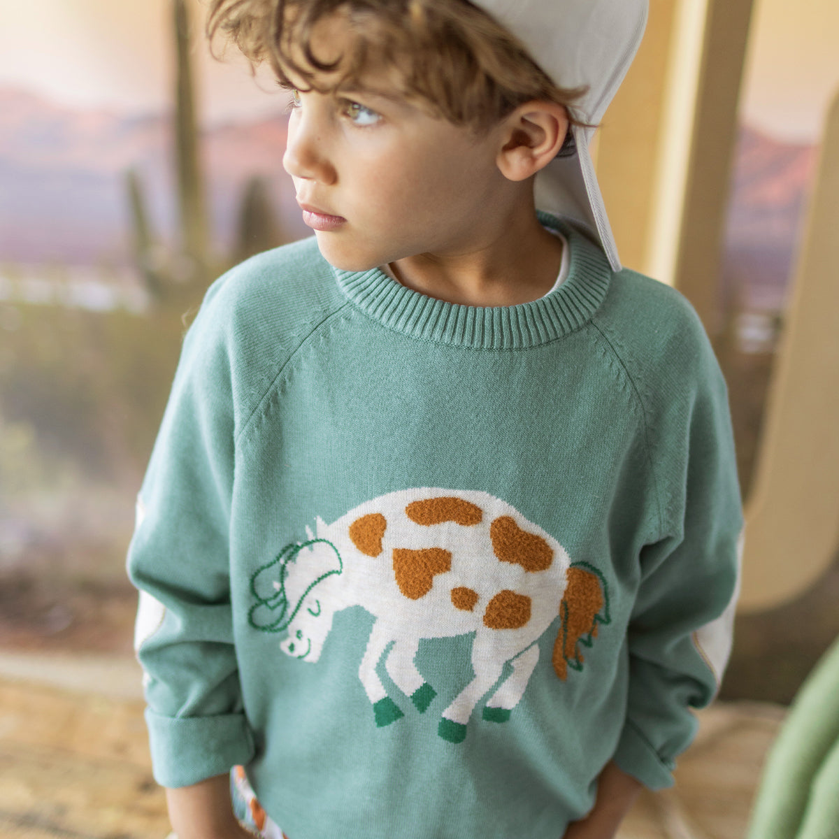 Chandail turquoise en tricot à motif de cheval, enfant