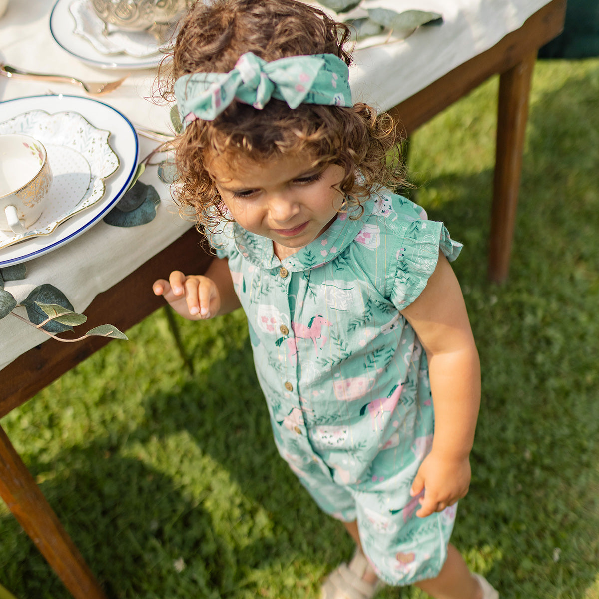 Combishort turquoise en popeline scintillante à motifs de chevaux, bébé