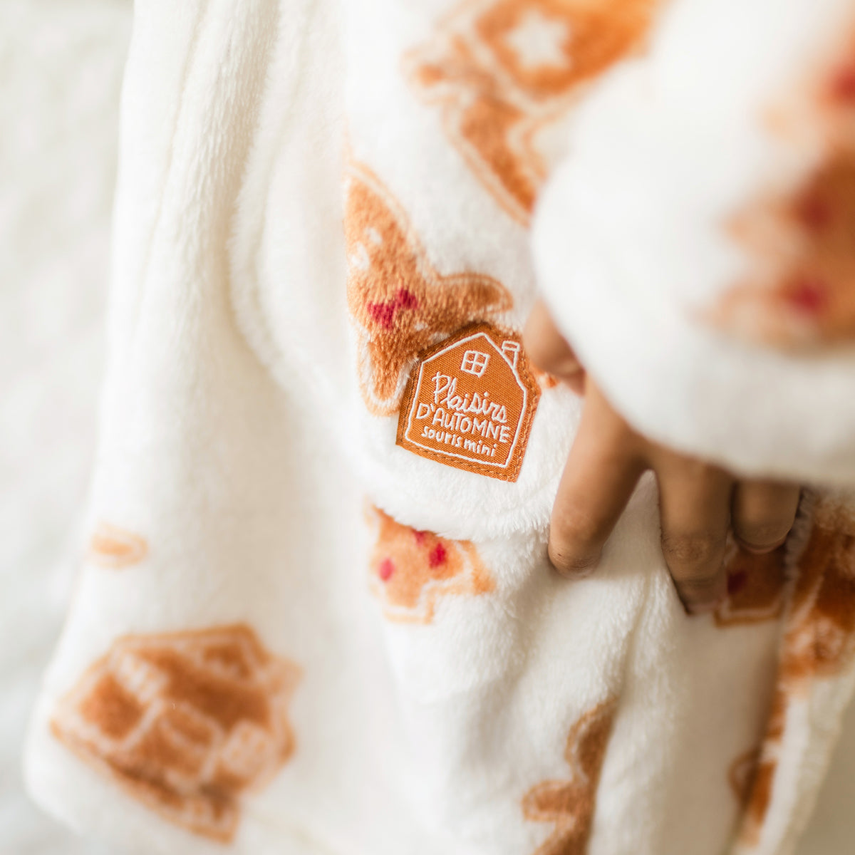Cream plush robe with gingerbread all over print, child
