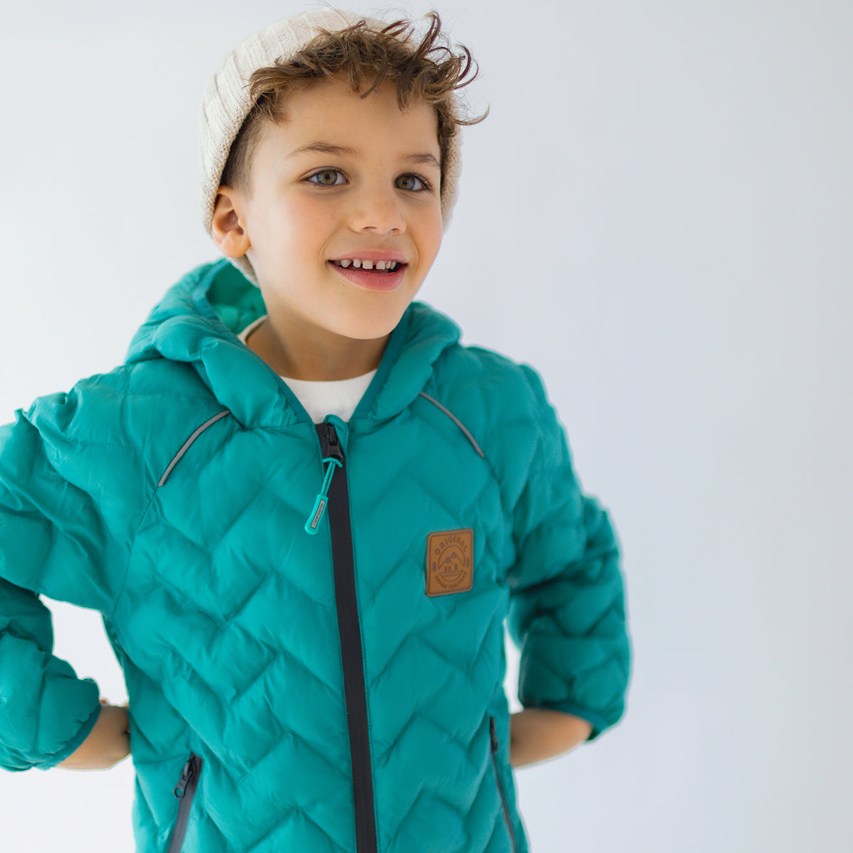 Manteau doudoune turquoise avec matelassé chevron, enfant