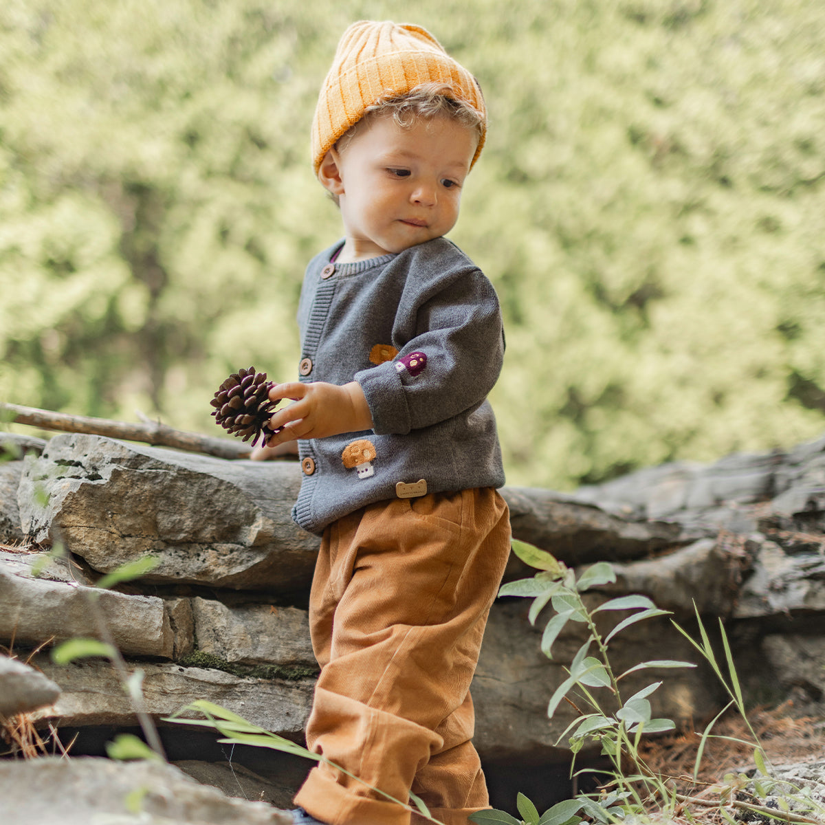 Veste grise en tricot à motifs de champignons, bébé