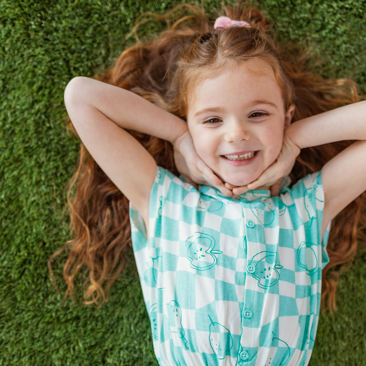 Combishort bleu aqua et crème à carreaux et motifs, enfant