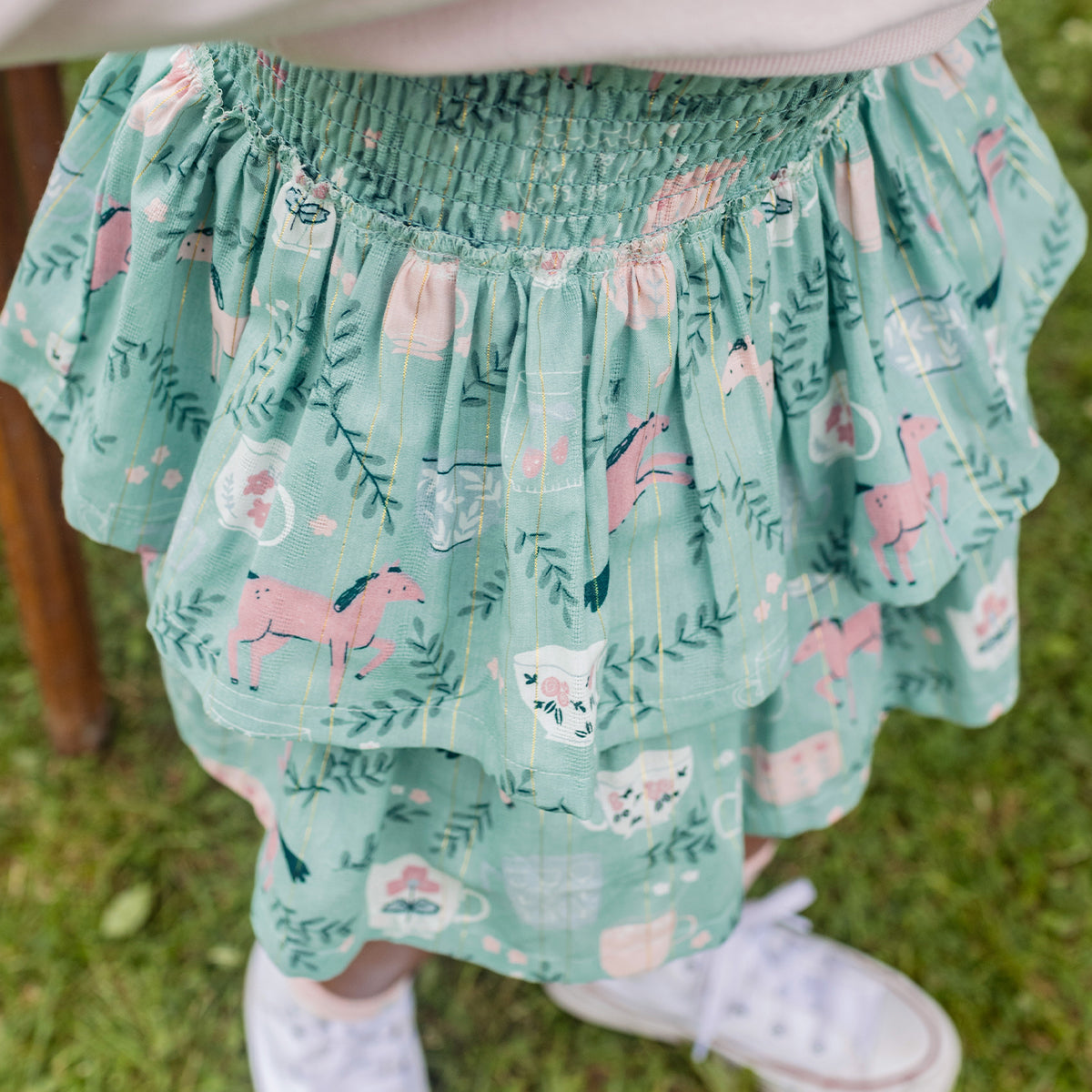 Jupe turquoise cendré en popeline scintillante à motifs de chevaux, enfant