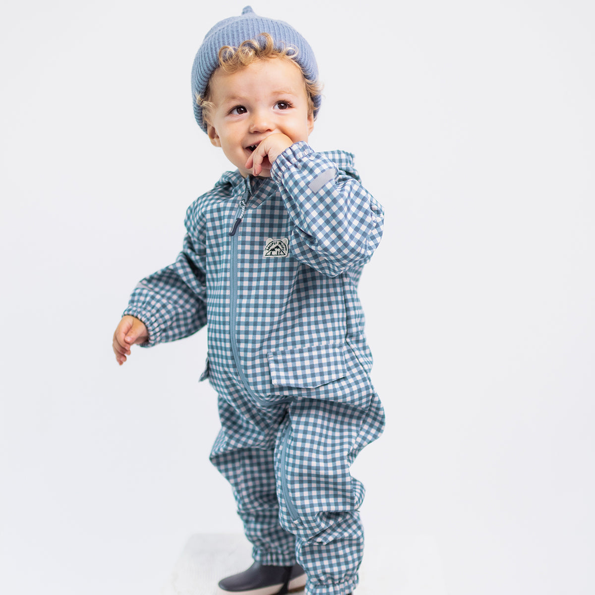 Une-pièce softshell bleu à carreaux, bébé
