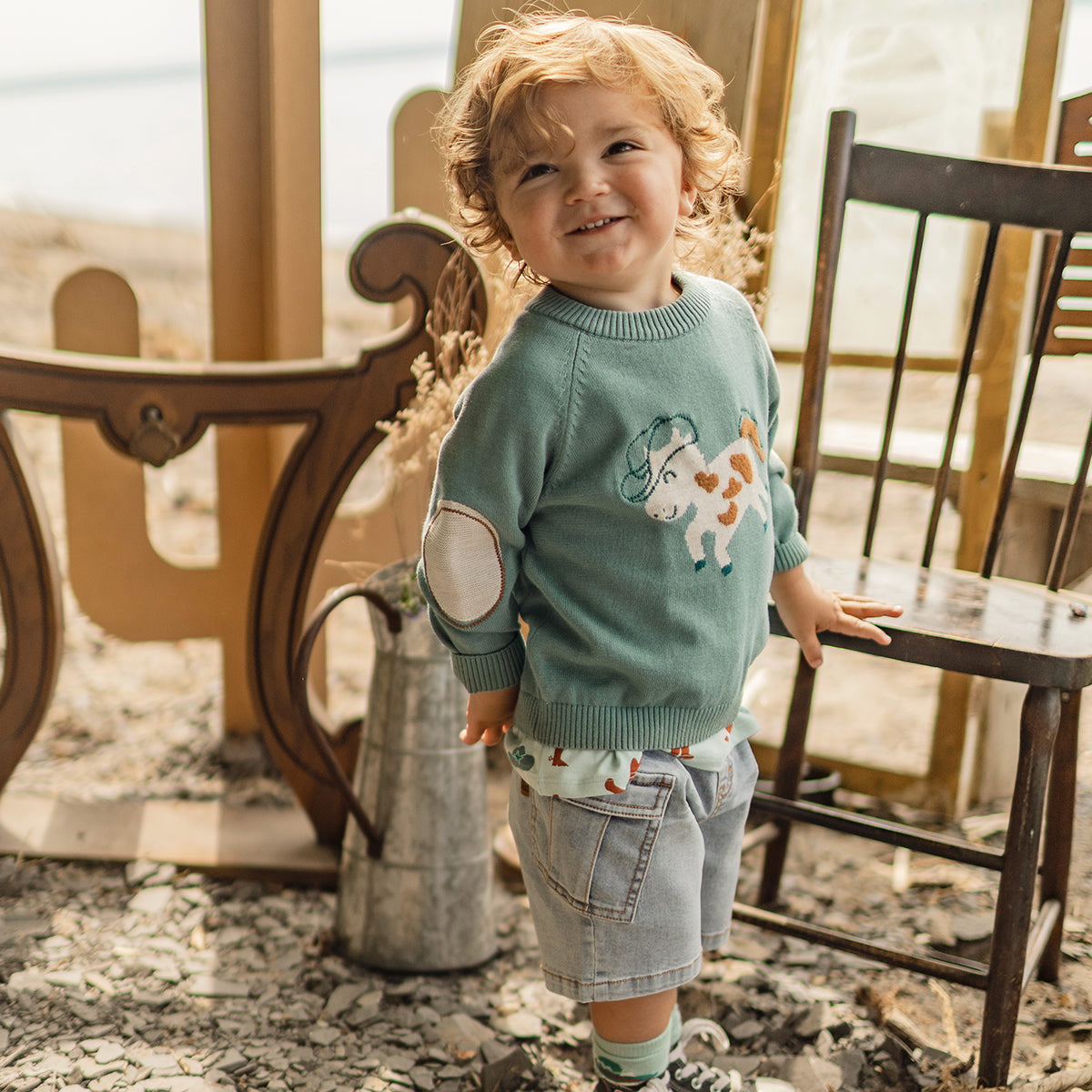 Chandail turquoise en tricot à motif de cheval, bébé