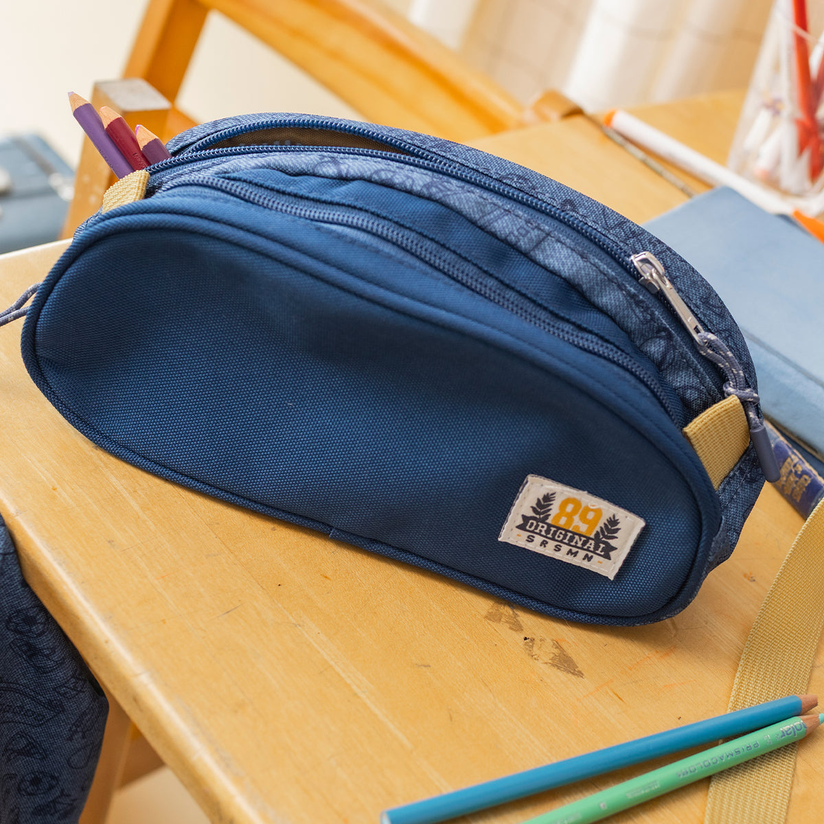 Blue printed double pencil case