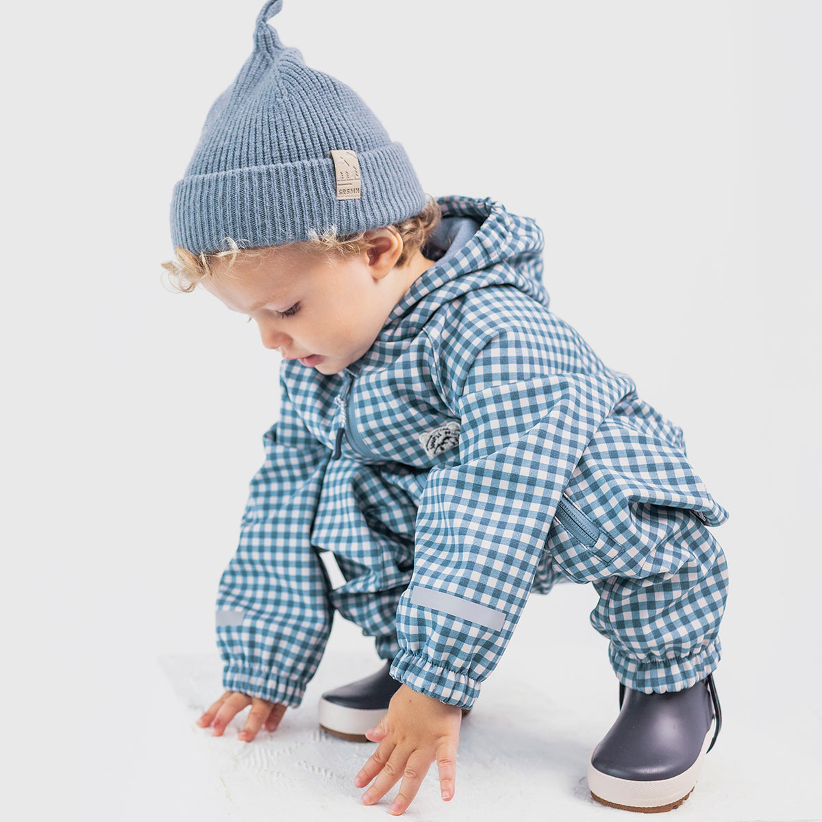 Une-pièce softshell bleu à carreaux, bébé