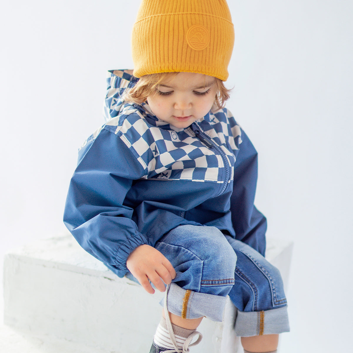 Dark yellow knit beanie, baby