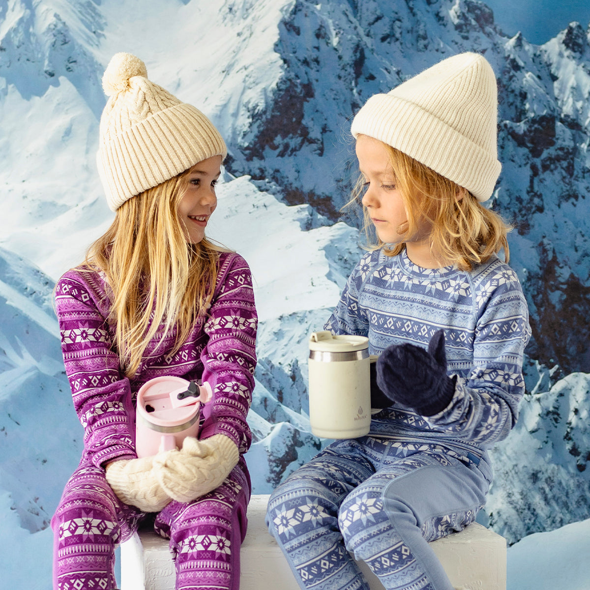 Blue sweater with all over print in merino wool, child