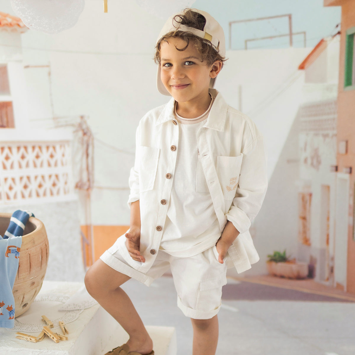 Surchemise blanche en coton et lin, enfant