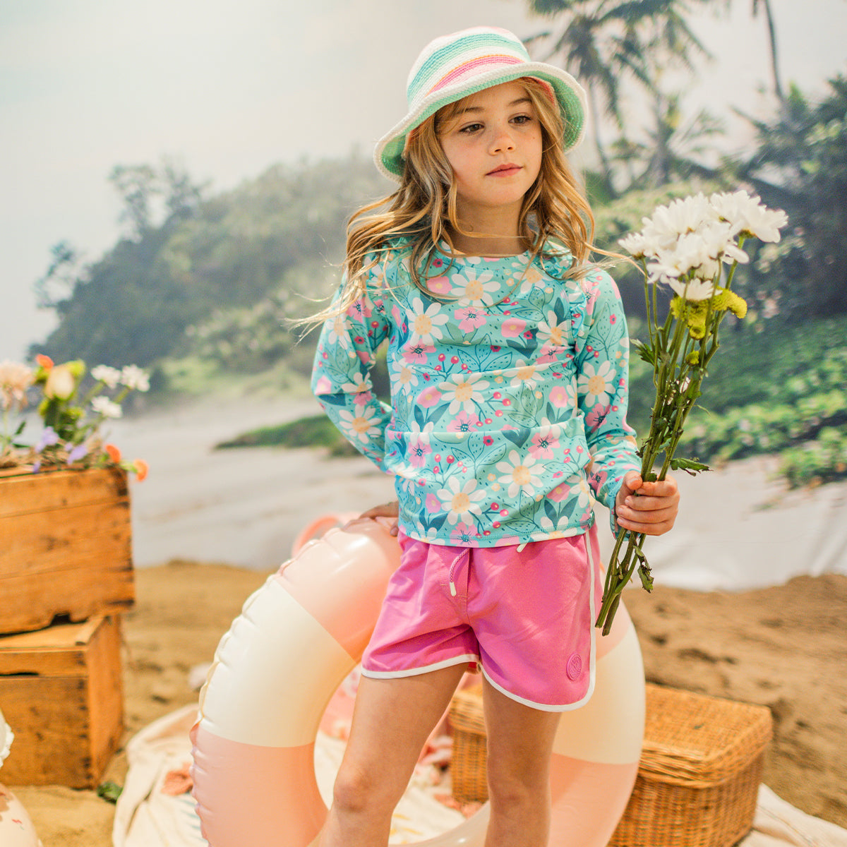 T-shirt de bain turquoise à motif floral, enfant