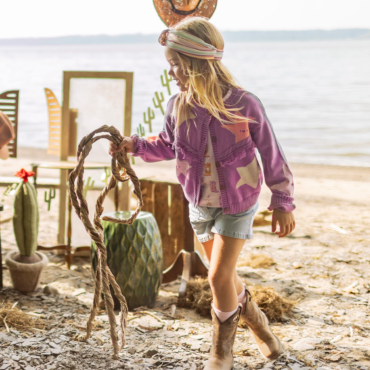Cardigan mauve en tricot à motifs d’étoiles, enfant