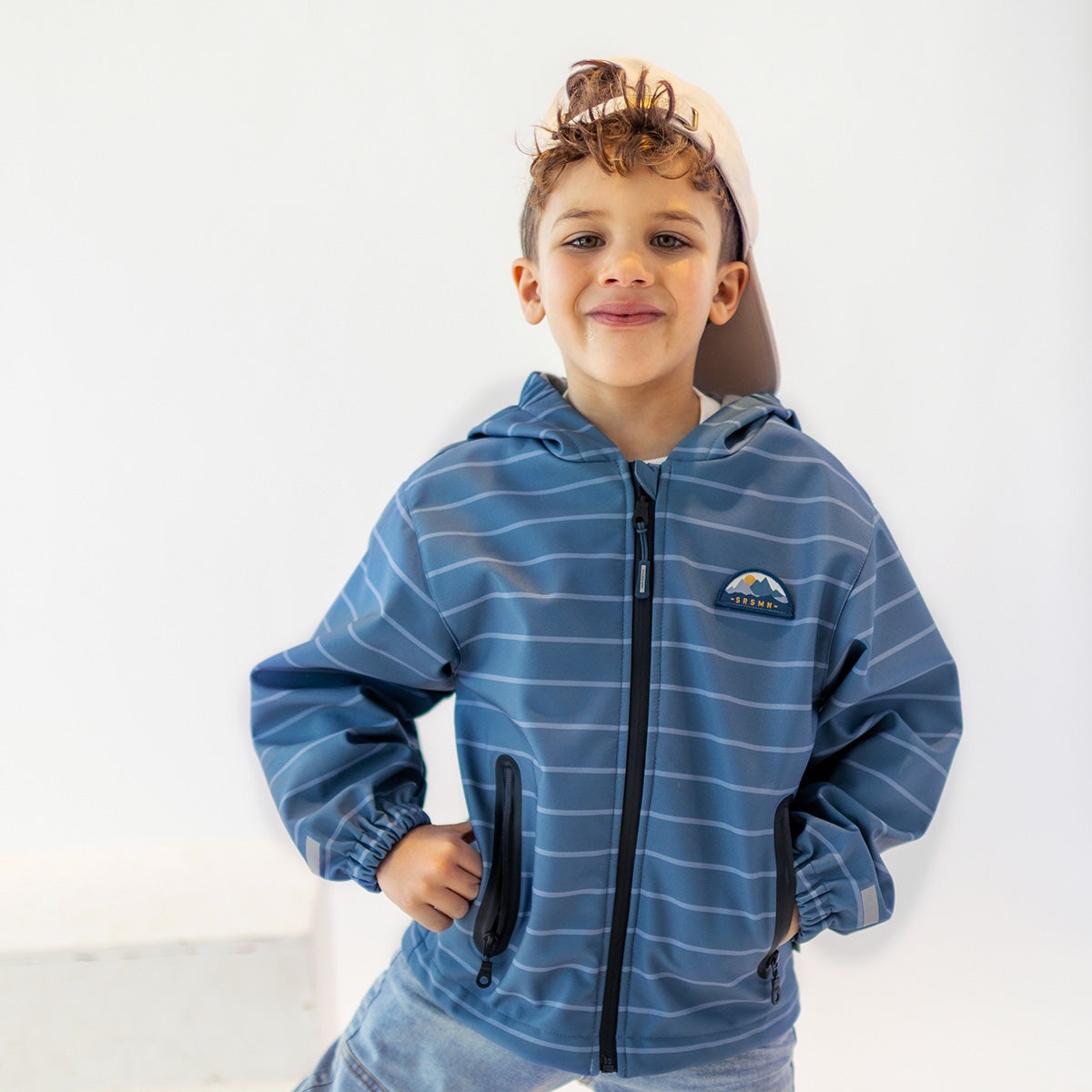 Manteau bleu en coquille souple avec rayures, enfant