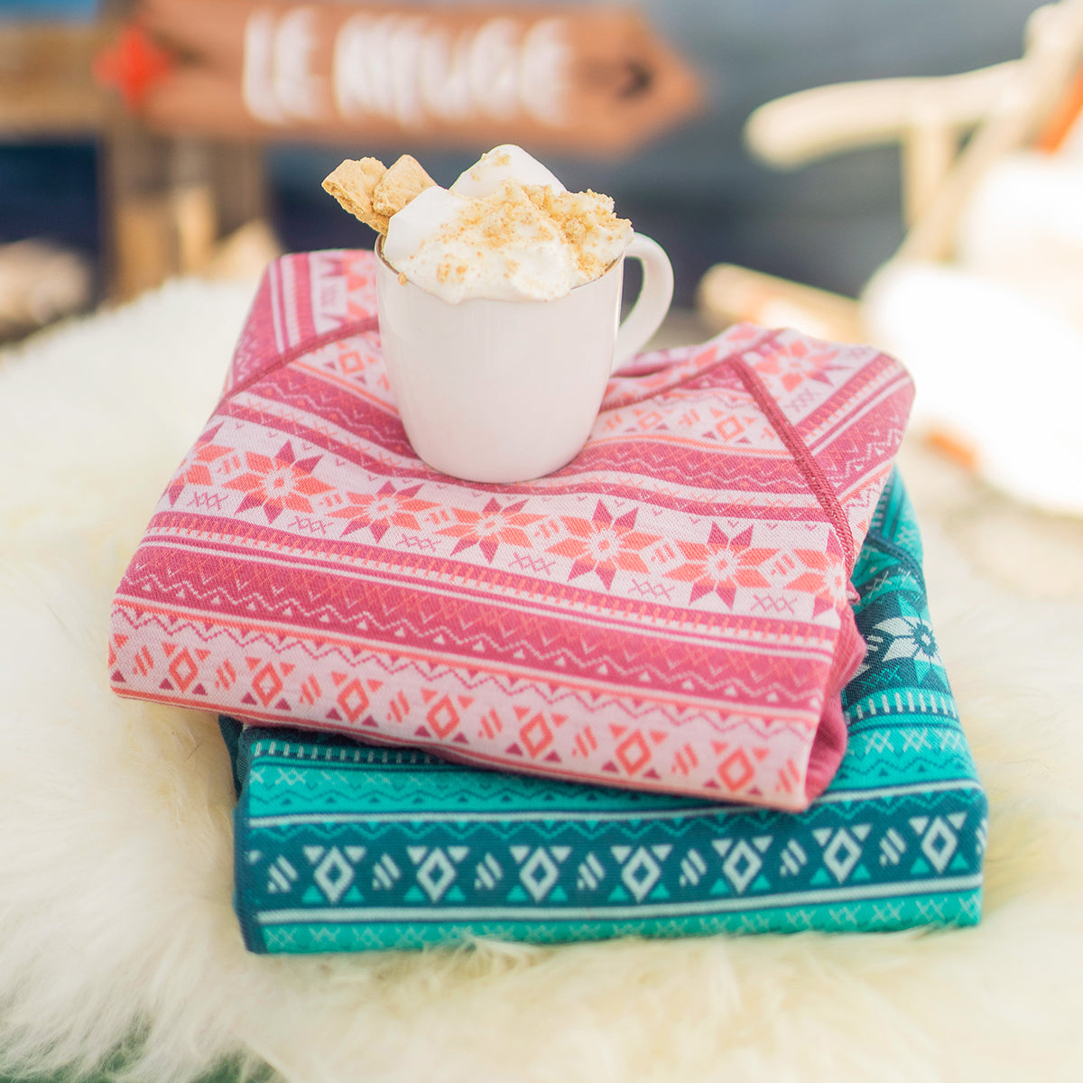 Chandail rose en laine mérinos avec motifs jacquard, enfant