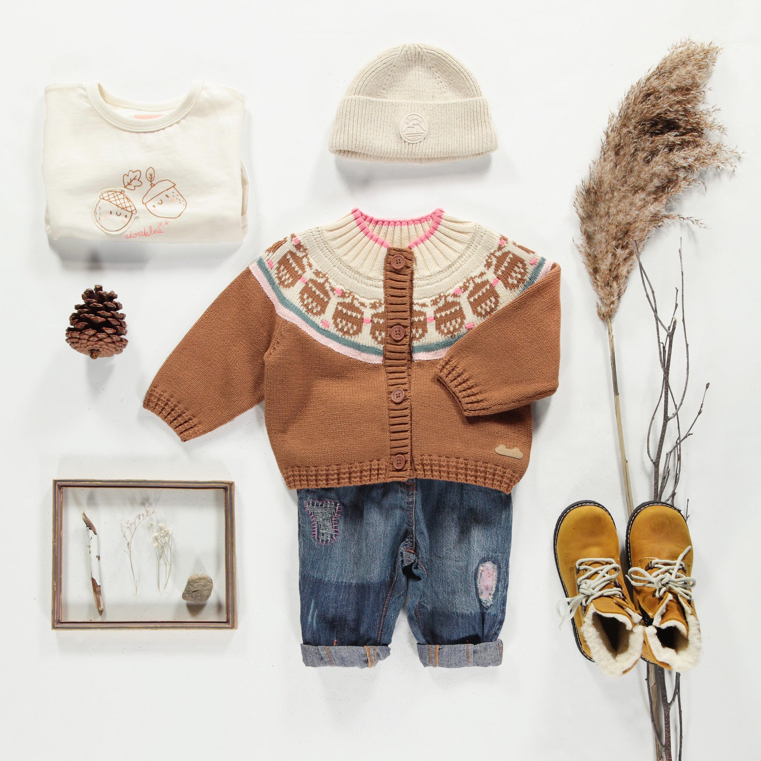 Brown patterned knitted vest in cotton cashmere, baby